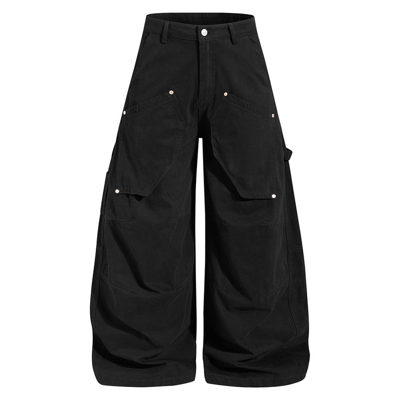 Men's Wide-Leg Cargo Pants – Loose Fit Multi-Pocket Arc-Hem Streetwear Trousers
