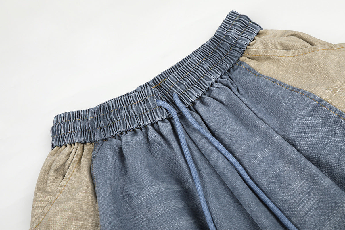 Jean wide leg délavé color block avec écusson étoile – Style street américain décontracté