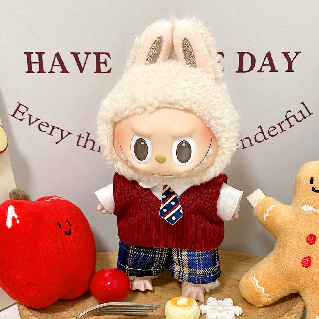 Labubu Cozy Bunny Sweater Vest & Plaid Shorts Outfit – All-Series Doll Clothes