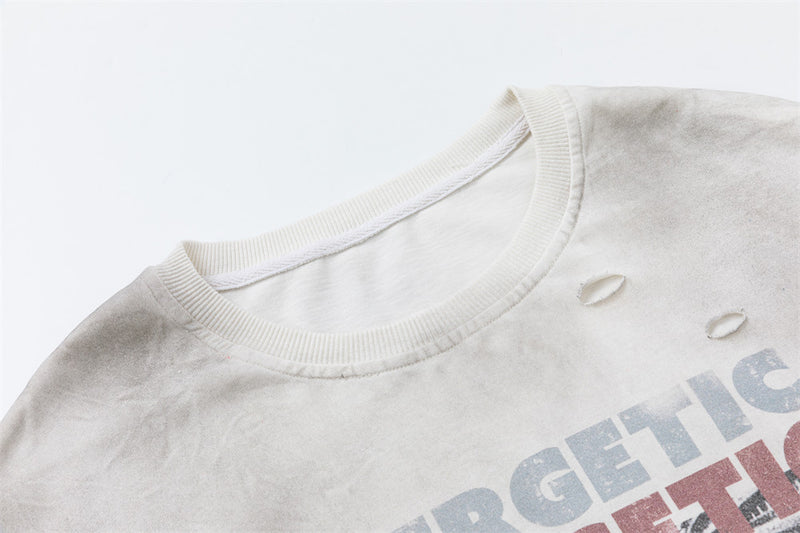 Men's Oversized Graphic Tee with Distressed Camo Long Sleeves – Washed White