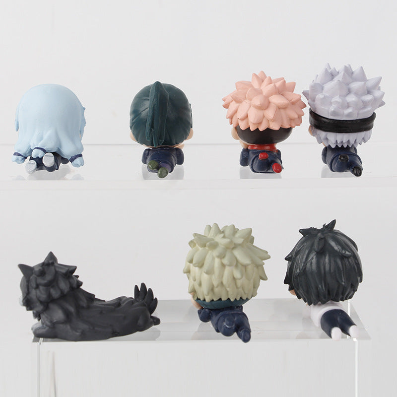 Six small Jujutsu Kaisen chibi figures sit or lie on transparent shelves, their backs to the camera, highlighting diverse hairstyles and accessories. Two appear animal-like with pointy ears and a tail—a delightful addition for any fan from the Jujutsu Kaisen Chibi PVC 12-Piece Figure Set.