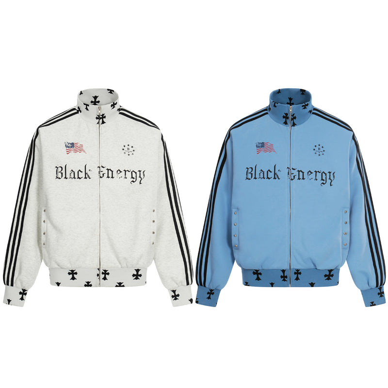 Veste de survêtement noire Energy à col montant et zip intégral, en gris chiné, manches à trois bandes et imprimé croix de fer aux poignets et à l’ourlet