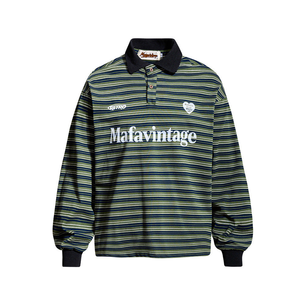 Mafavintage striped long-sleeve polo shirt in olive-navy with contrast black collar and serif chest graphic, oversized retro