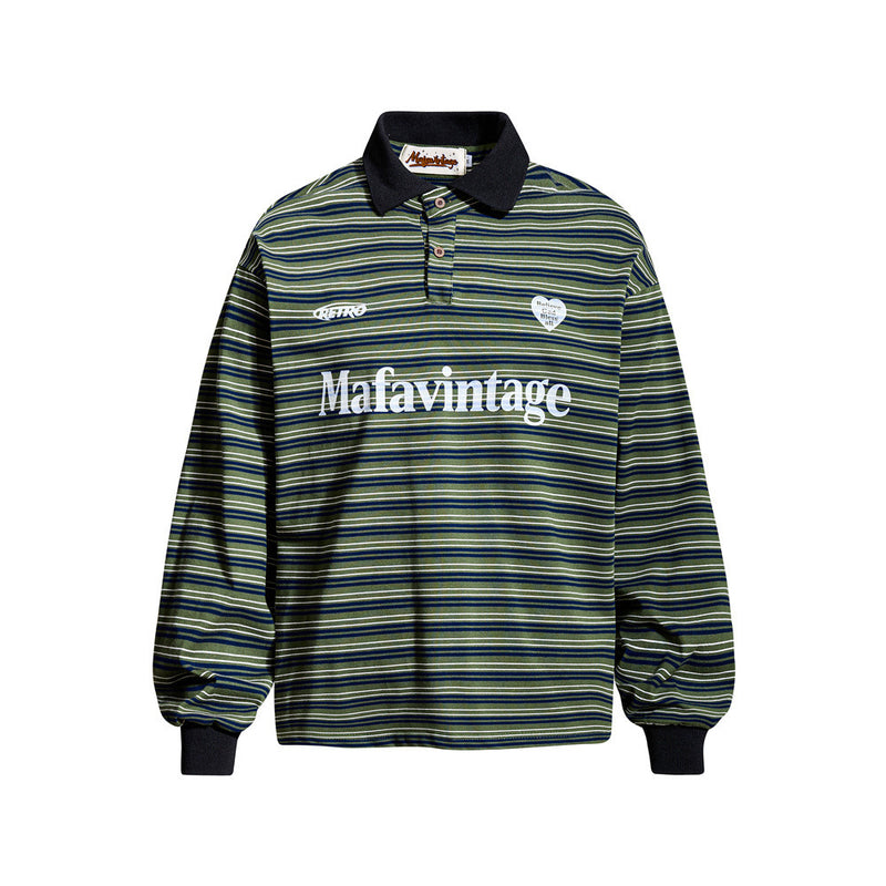 Mafavintage striped long-sleeve polo shirt in olive-navy with contrast black collar and serif chest graphic, oversized retro