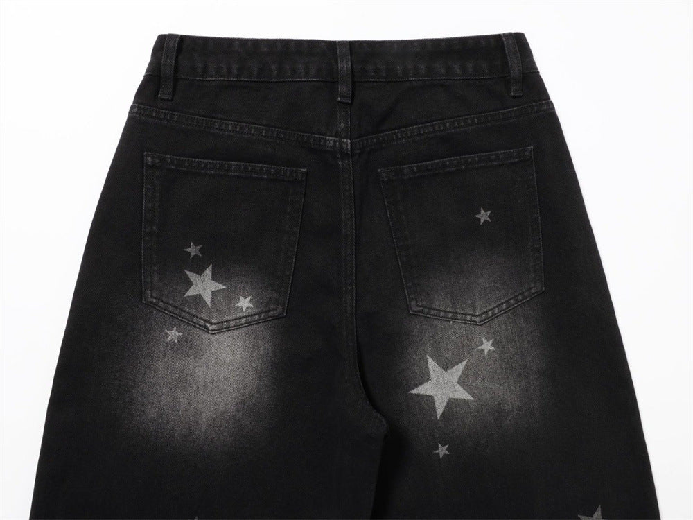 Star Print Wide-Leg Jeans – Men's Baggy Black Denim with Heart Charm