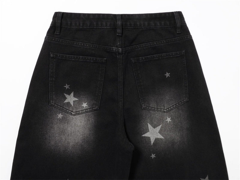 Star Print Wide-Leg Jeans – Men's Baggy Black Denim with Heart Charm