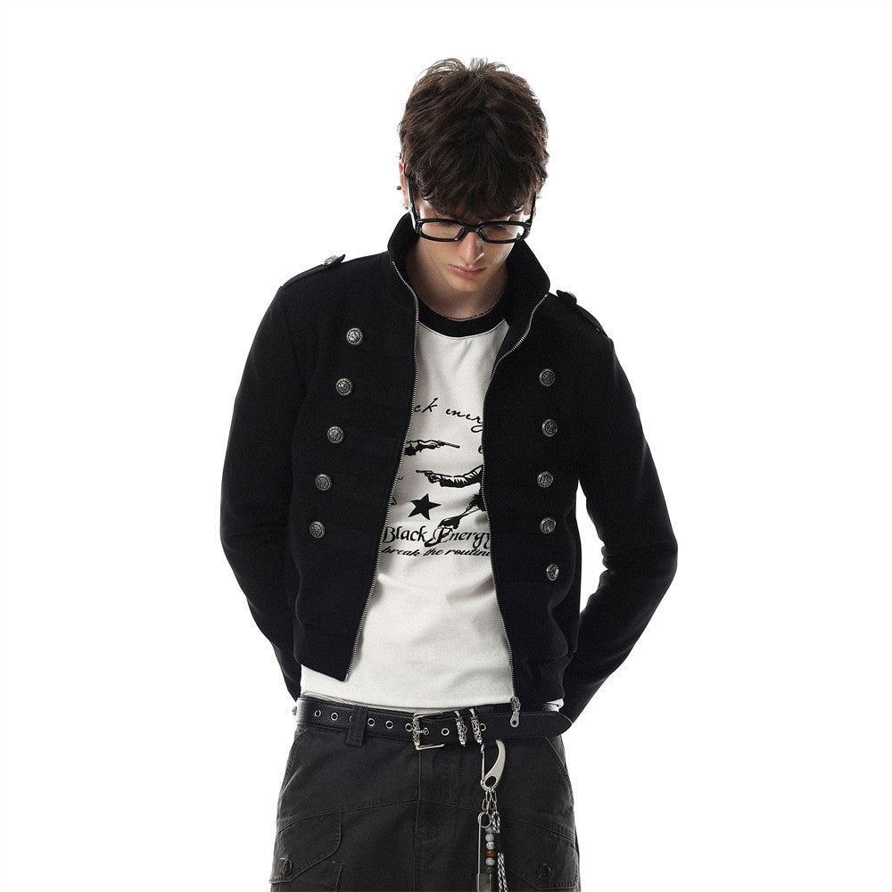 Men's Zip-Up Jacket Military Double-Breasted Stand Collar Short Bomber
