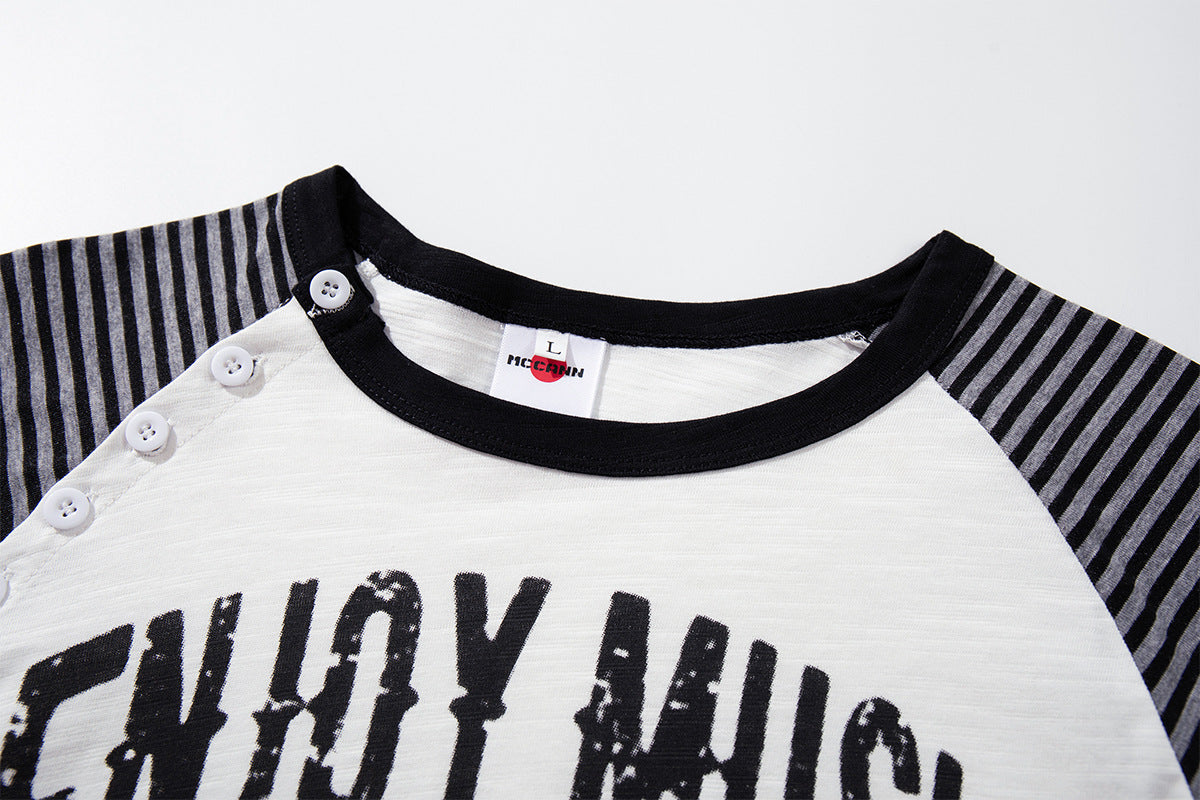 Long Sleeve Raglan Shirt – Rock 'N Roll Graphic, Black & White Striped Sleeves