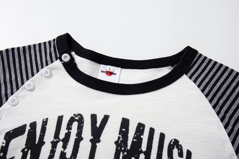 Long Sleeve Raglan Shirt – Rock 'N Roll Graphic, Black & White Striped Sleeves