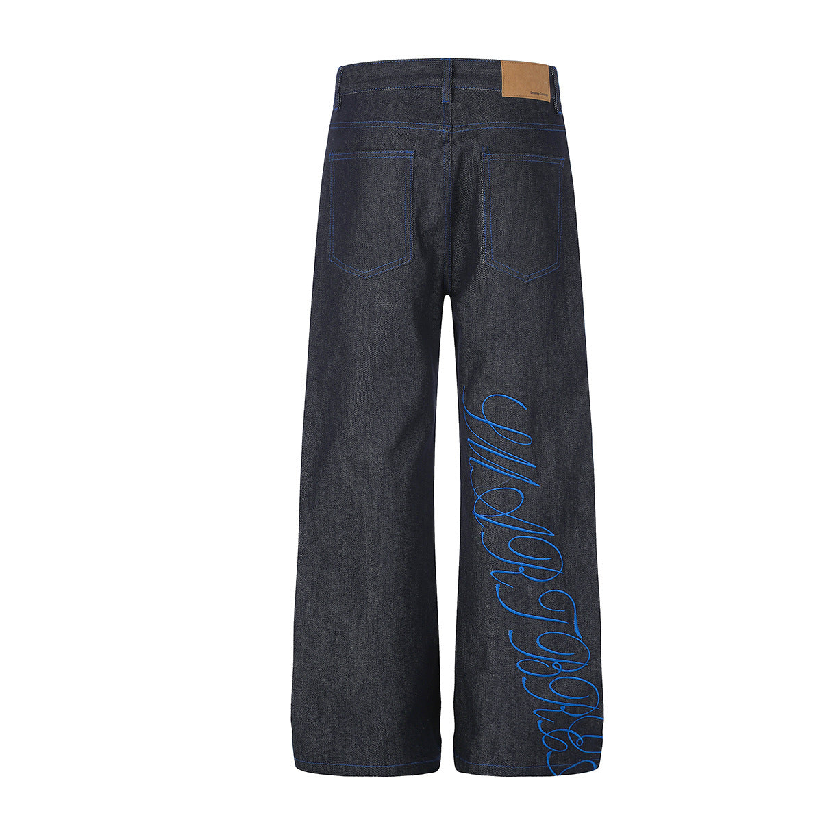 Jean baggy à jambes larges avec broderie bleue effet script et fil barbelé