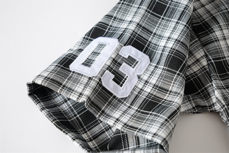 Plaid Short-Sleeve Shirt with Pegasus Embroidery & Studded Lettering