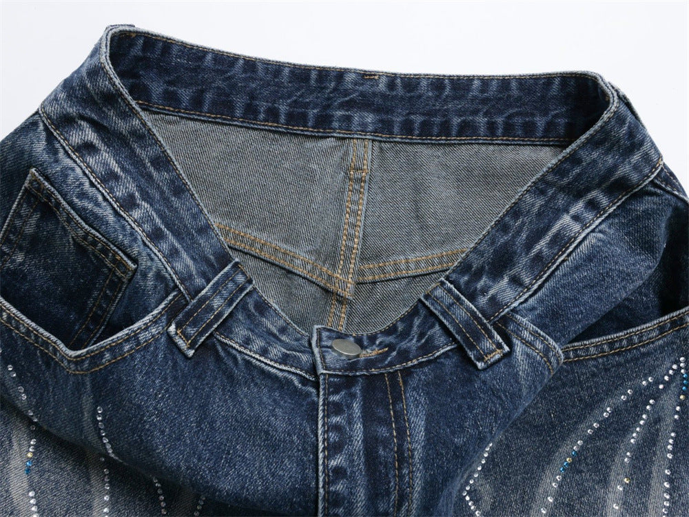 Men's Super Baggy Jeans – Rhinestone Wing Graphic Wide-Leg Denim, Washed Blue