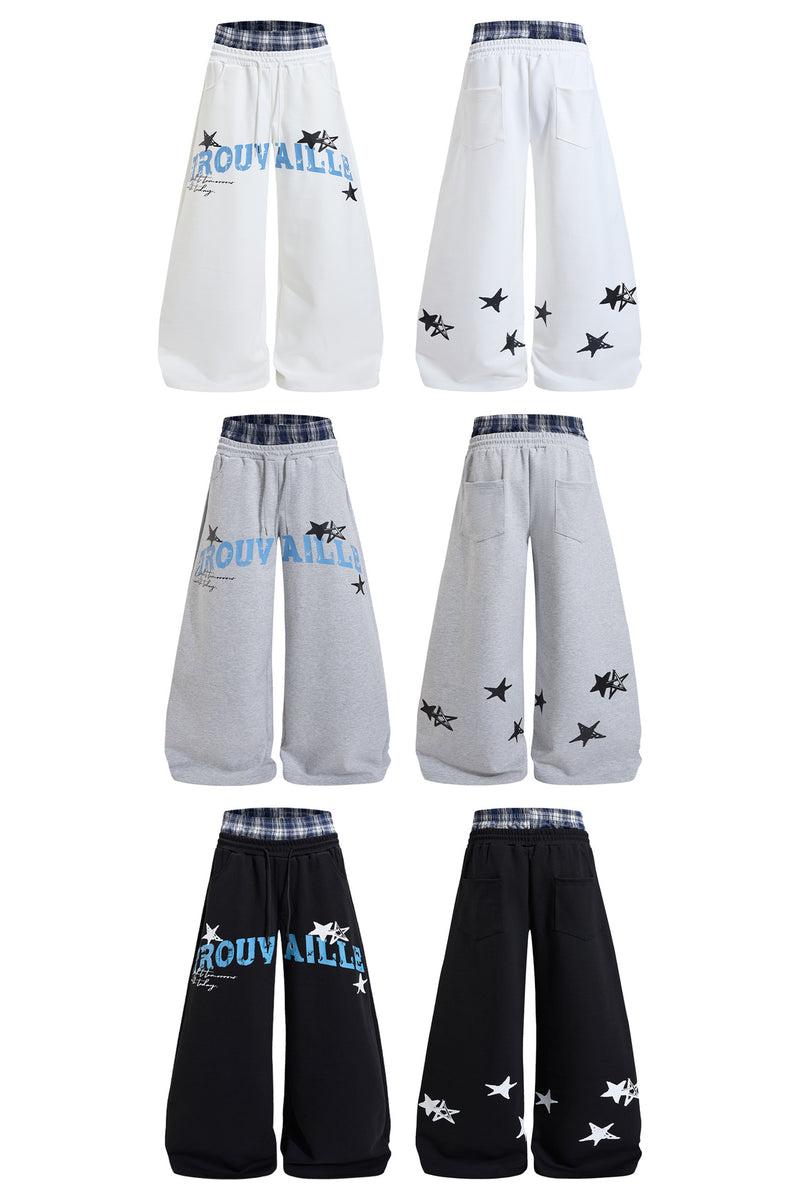 Wide-Leg Sweatpants with Plaid Waistband & Star Print – Trouvaille Graphic