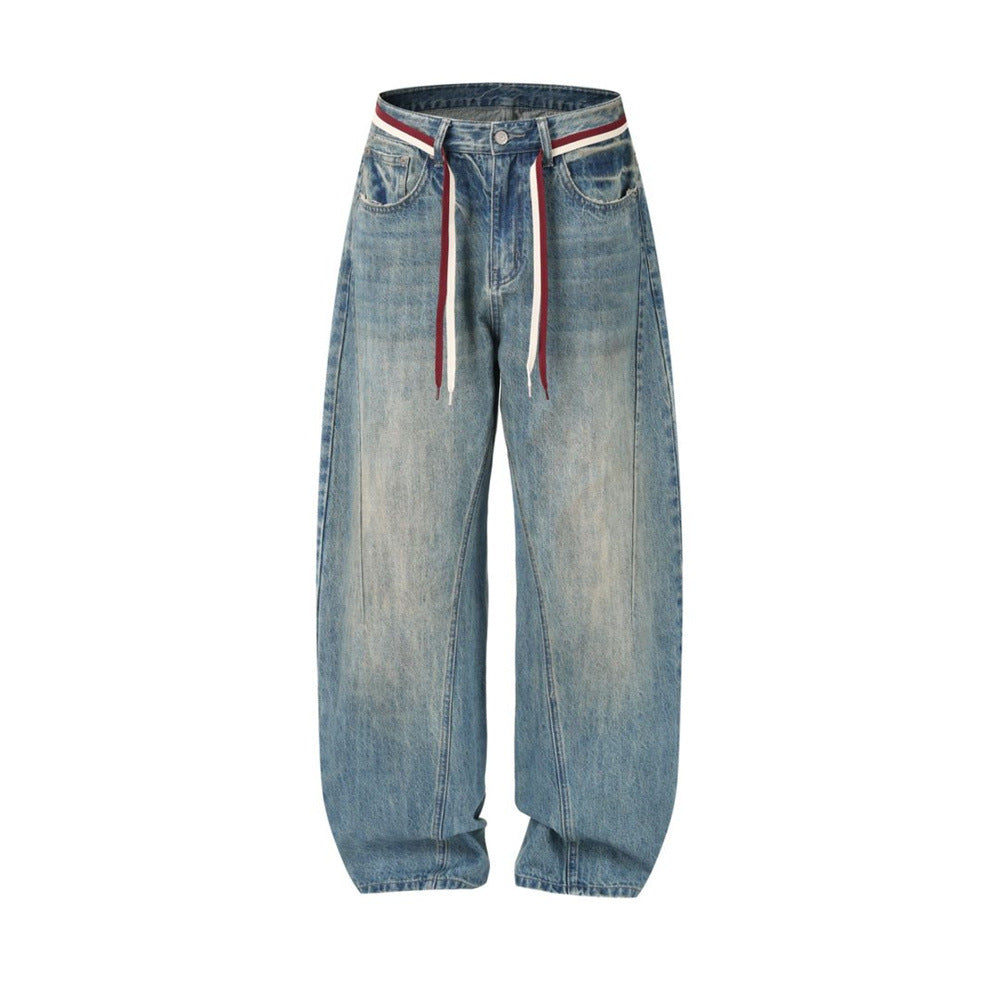 Men's Vintage Washed Wide-Leg Barrel Jeans – Oversized Streetwear Denim with