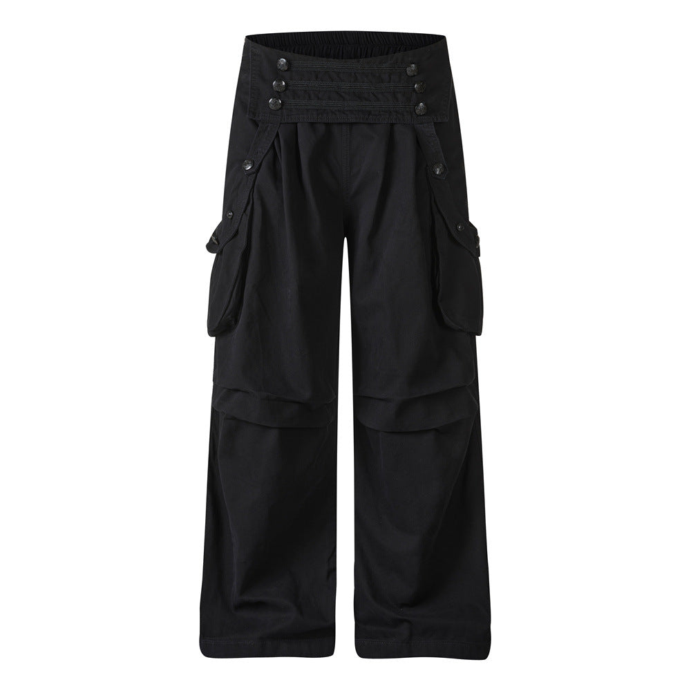Black Cargo Pants Men – Wide Leg Double-Breasted High-Street Trousers