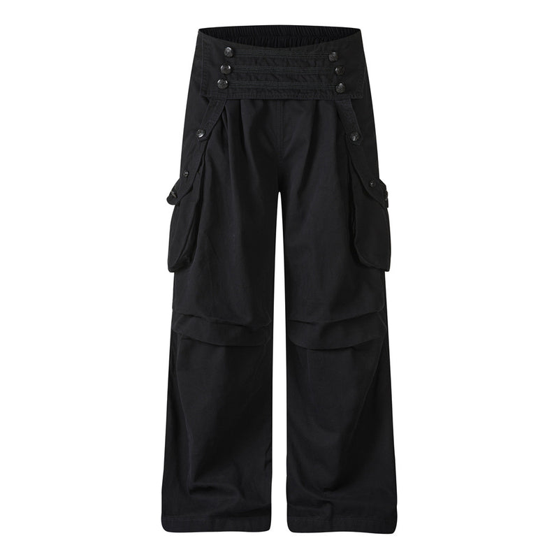 Black Cargo Pants Men – Wide Leg Double-Breasted High-Street Trousers