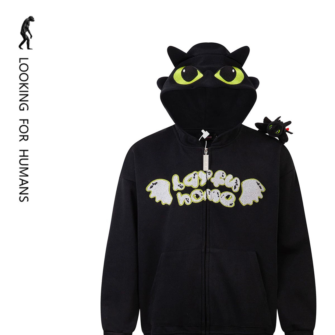 Cute Night Fury Dragon Hoodie – Anime-Inspired Full Zip Hoodie with 3D Ears &amp; Toy Accessory