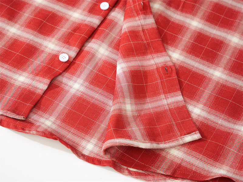 Plaid Short-Sleeve Shirt with Embroidered Letter Patch & Pearl Studs