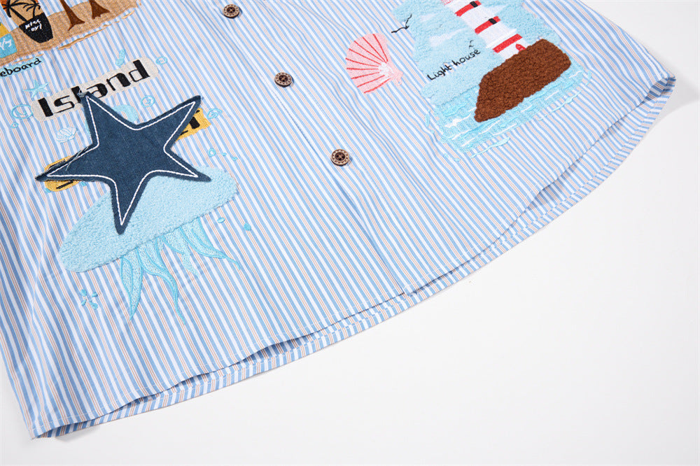 Blue Striped Button-Down Shirt with Beach Embroidery & Denim Collar