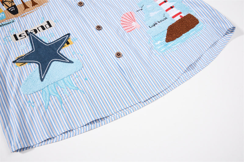 Blue Striped Button-Down Shirt with Beach Embroidery & Denim Collar