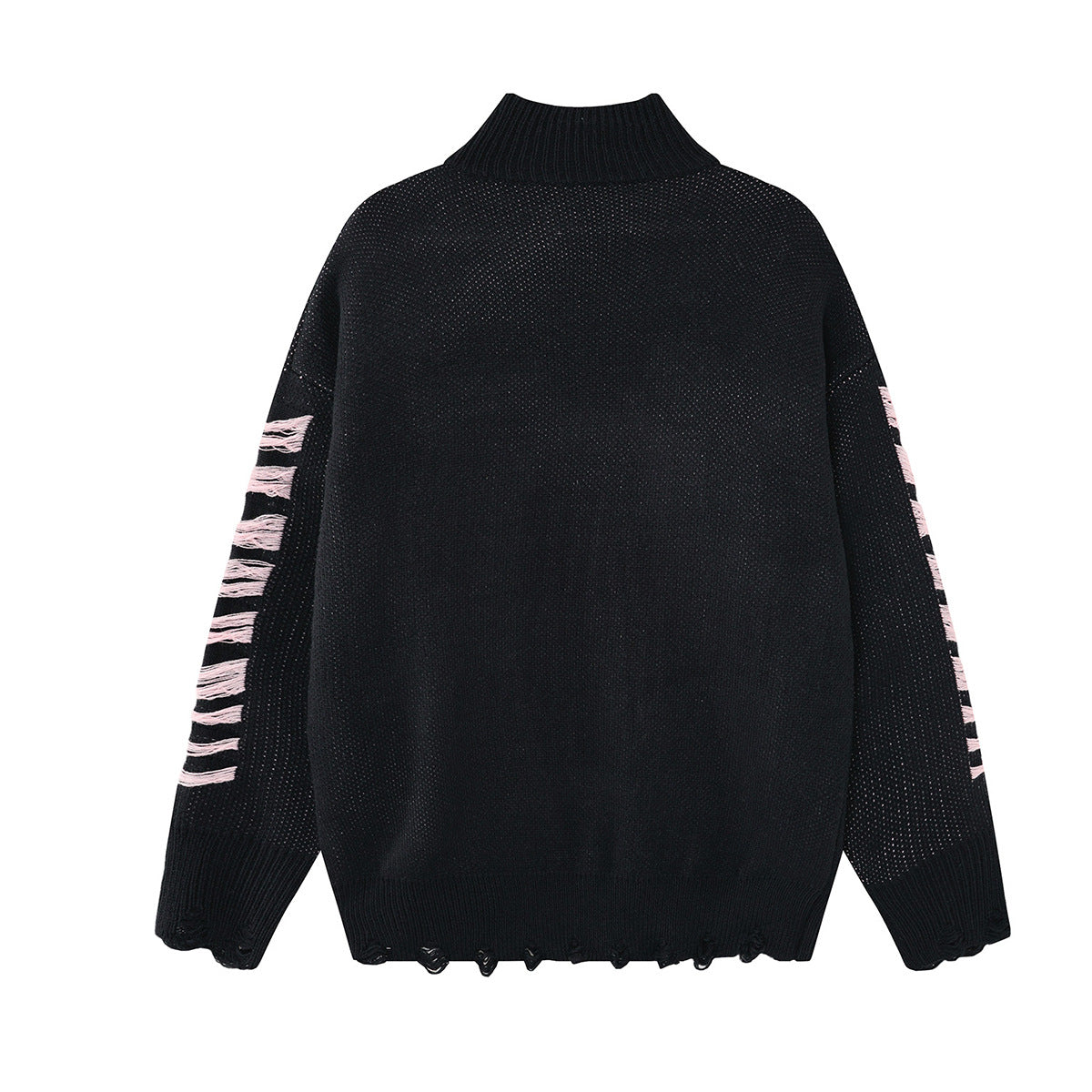 Pull à col montant Cross Heart en maille délavée – Jacquard gothique sombre à franges