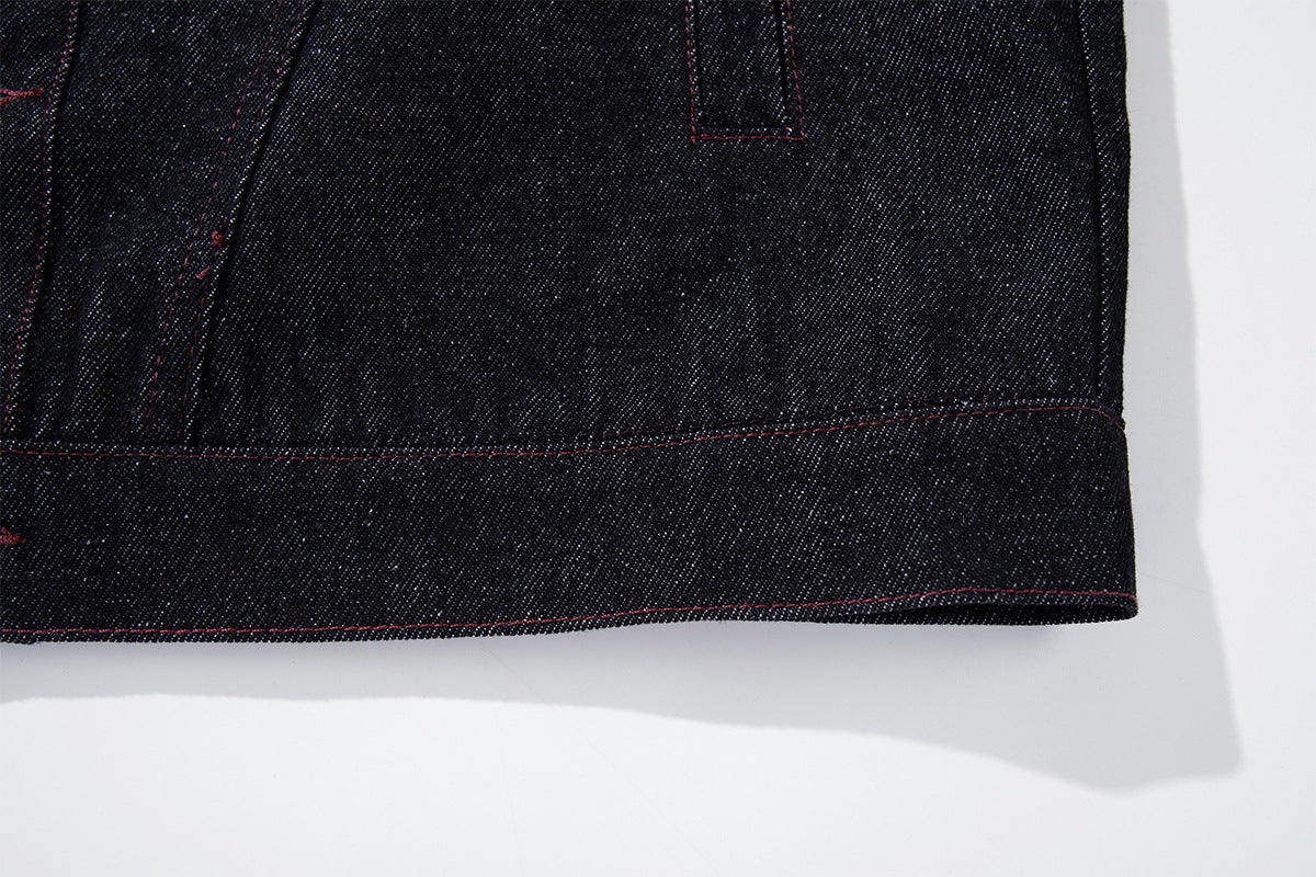 Boxy Raw Denim Jacket with Crocodile-Embossed Leather Panels