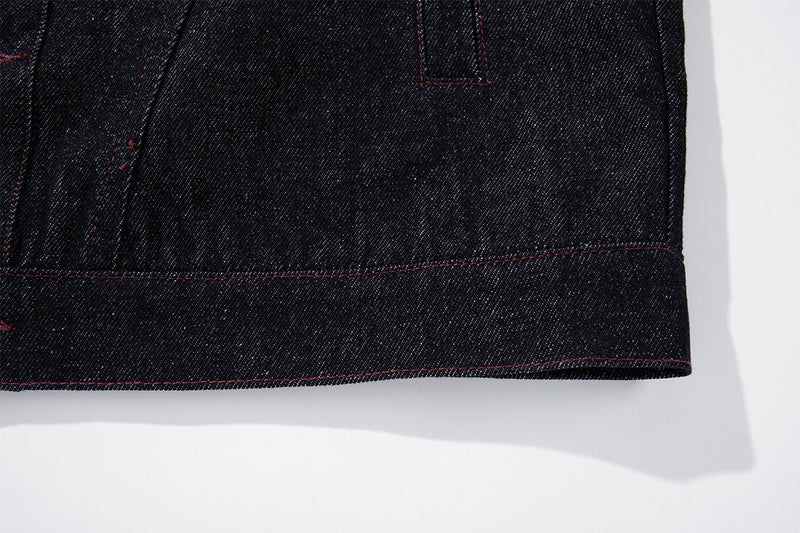 Boxy Raw Denim Jacket with Crocodile-Embossed Leather Panels