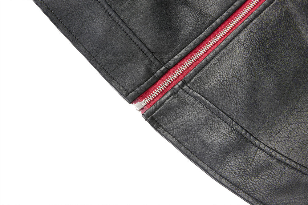 Men's Black PU Leather Biker Jacket – Short Moto Style with Red Zip