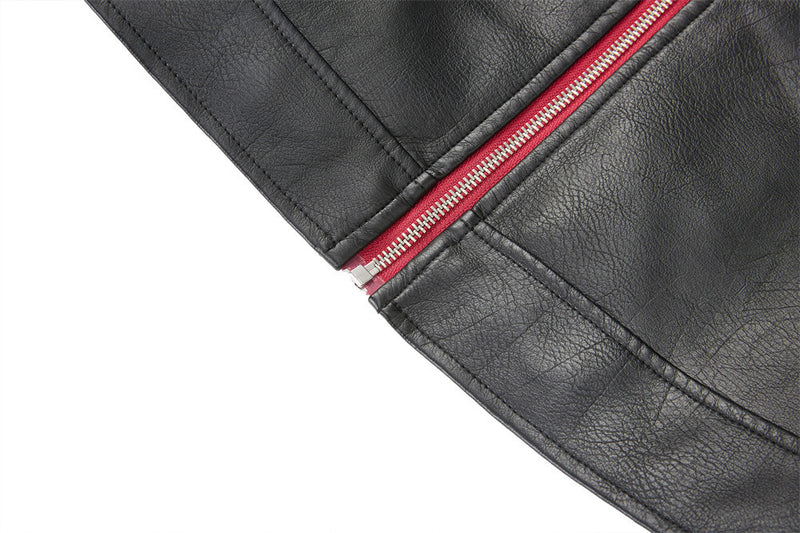 Men's Black PU Leather Biker Jacket – Short Moto Style with Red Zip