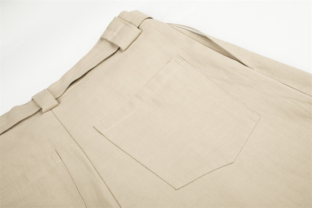 Wide-Leg Pleated Trousers with Button Fly and Belt Ties