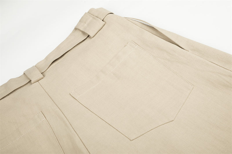 Wide-Leg Pleated Trousers with Button Fly and Belt Ties