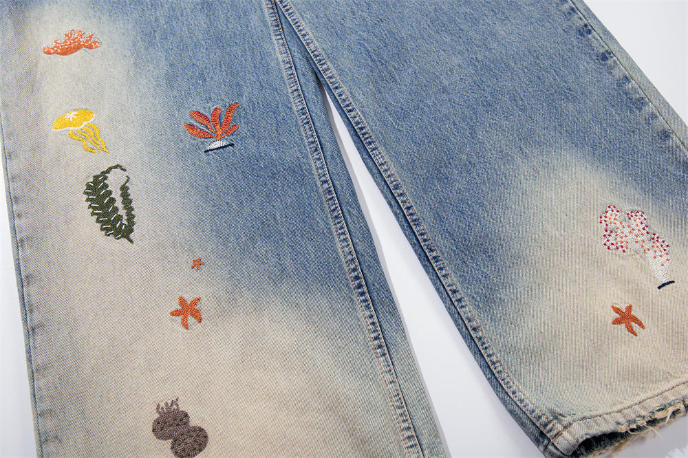 Wide-Leg Jeans with Ocean Embroidery & Gradient Wash