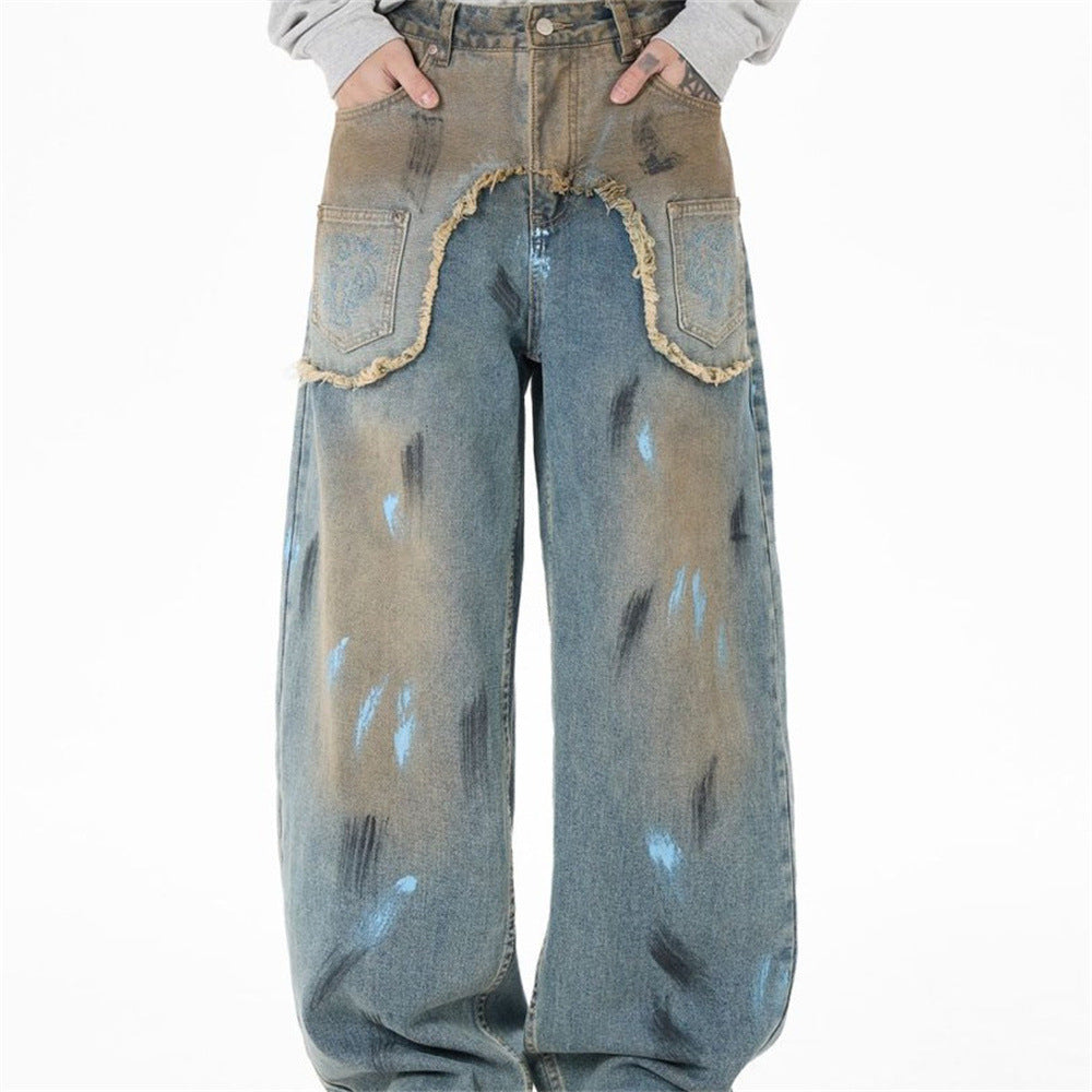 Baggy Jeans with Paint Splatter Patchwork & Distressed Raw-Edge Detail