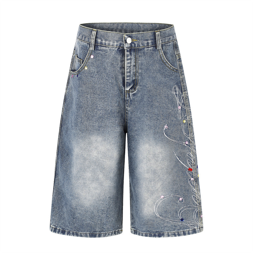 Men's Wide Leg Denim Shorts with Rhinestone Script Embroidery