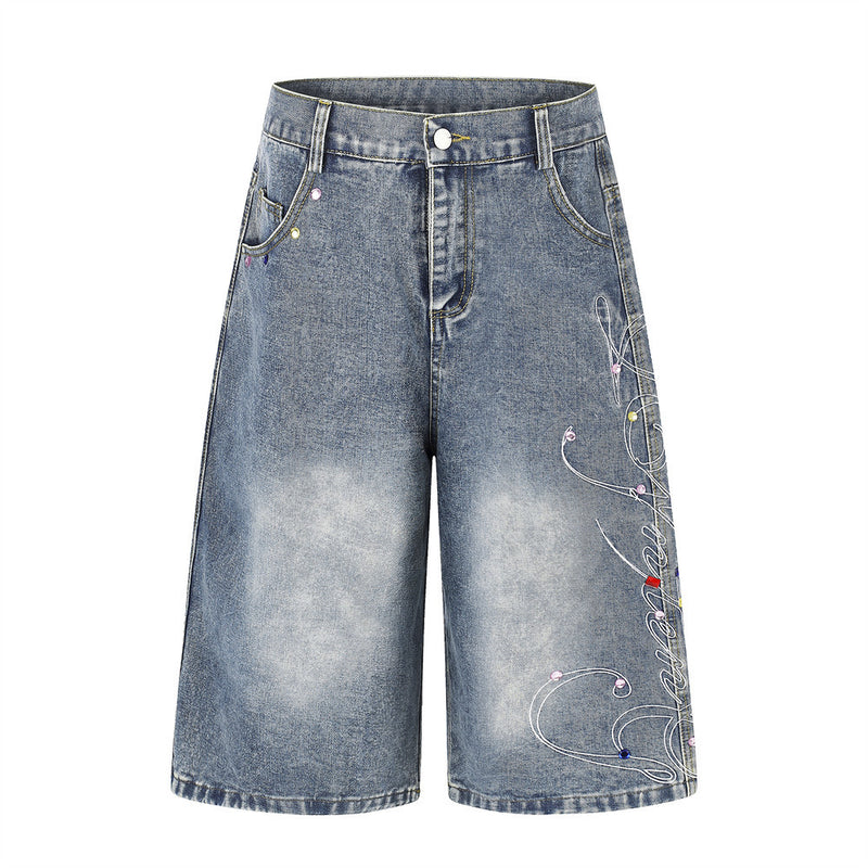 Men's Wide Leg Denim Shorts with Rhinestone Script Embroidery