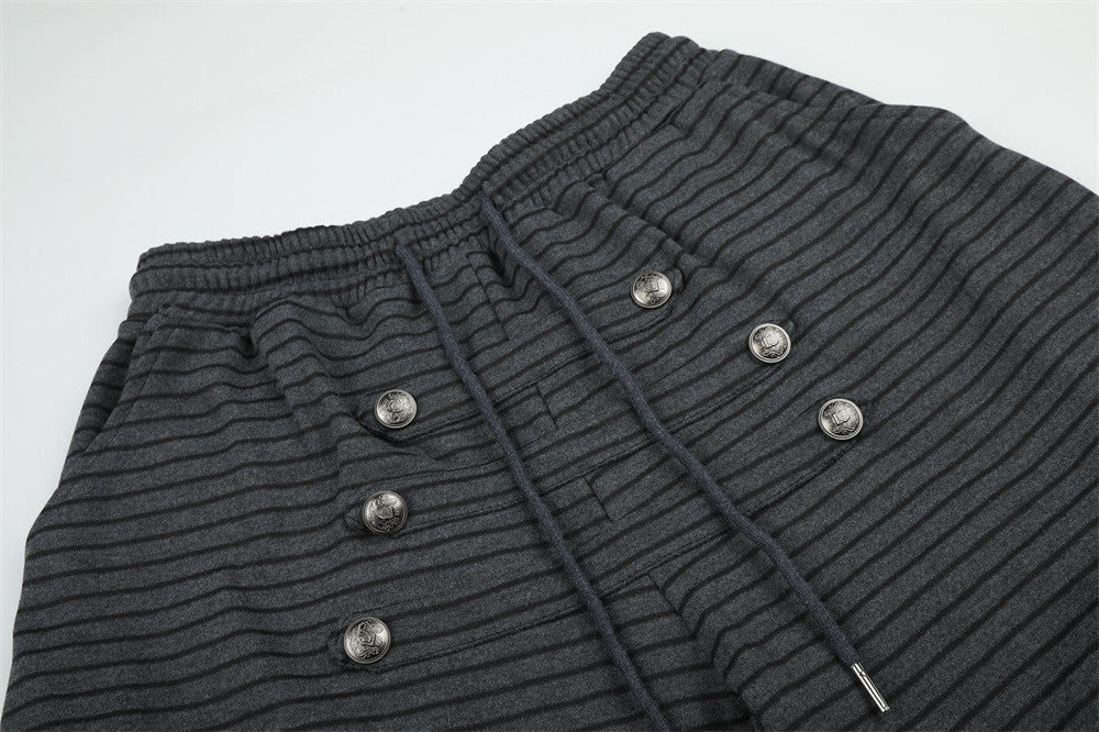 Pantalón de Pierna Ancha a Rayas para Hombre con Cintura de Cordón y Botones Cruzados