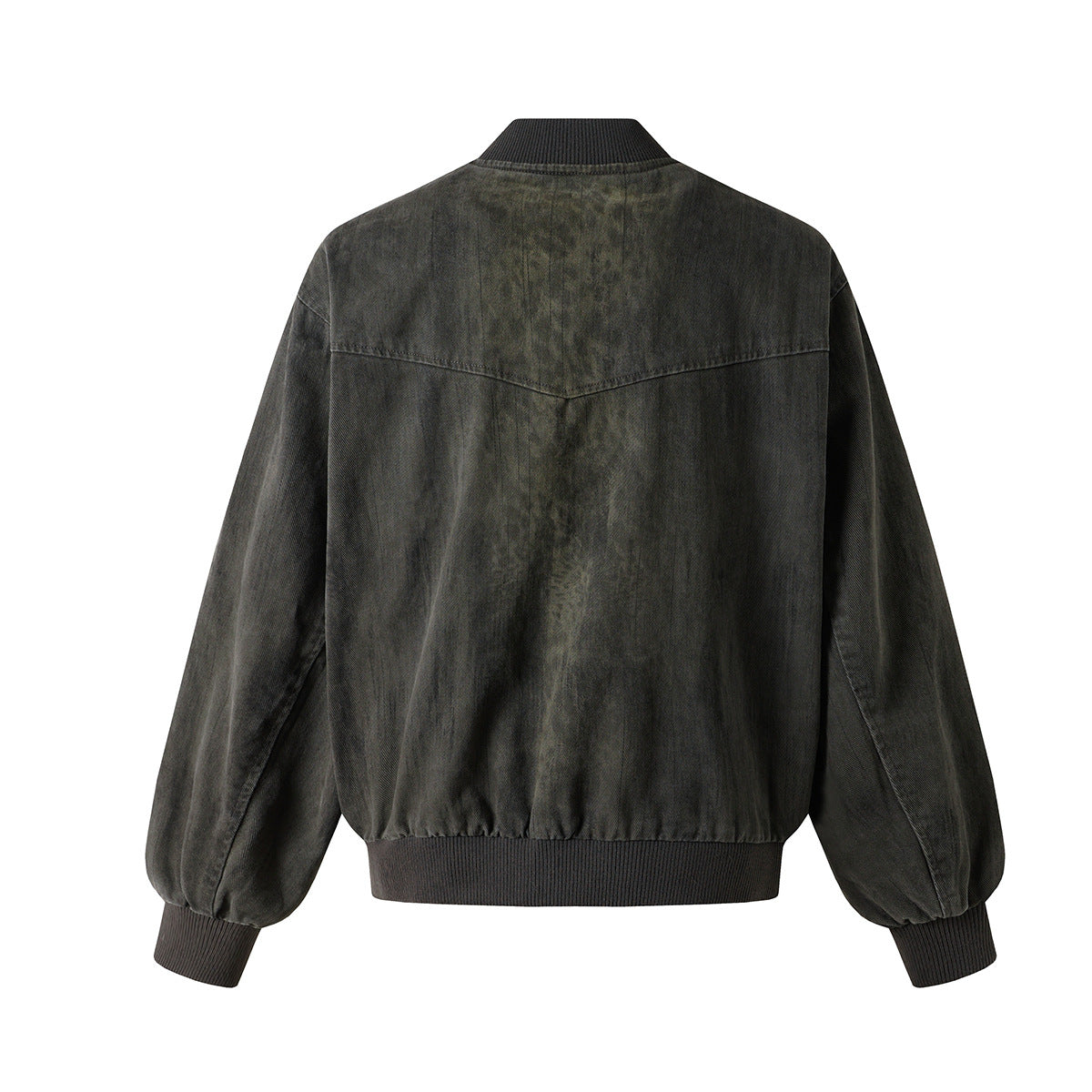 Veste bomber en jean délavé déconstruite à empiècement croisé et coutures effilochées
