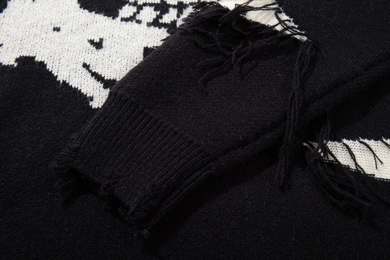 Men's Skull Jacquard Distressed Knit Sweater – Oversized Crewneck
