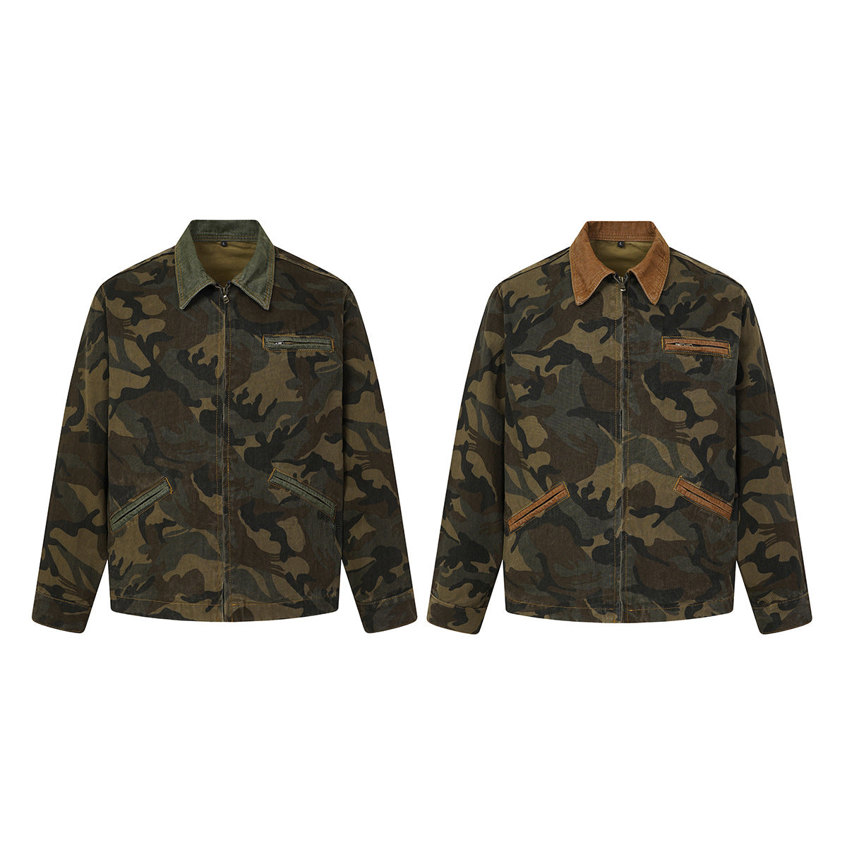 Veste de travail zippée en toile camouflage avec col en velours côtelé