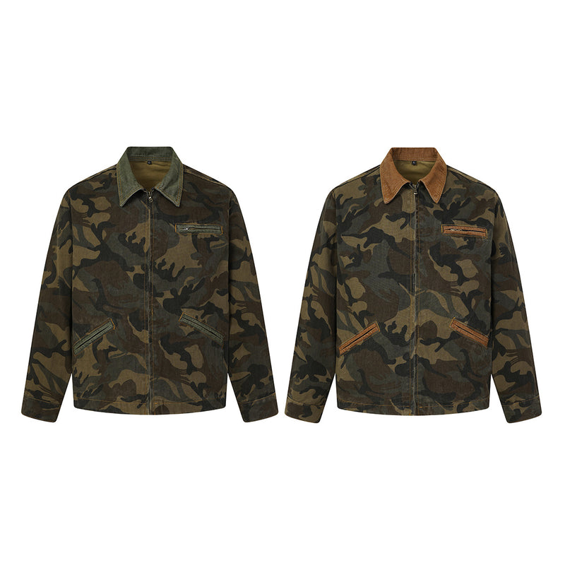 Veste de travail zippée en toile camouflage avec col en velours côtelé