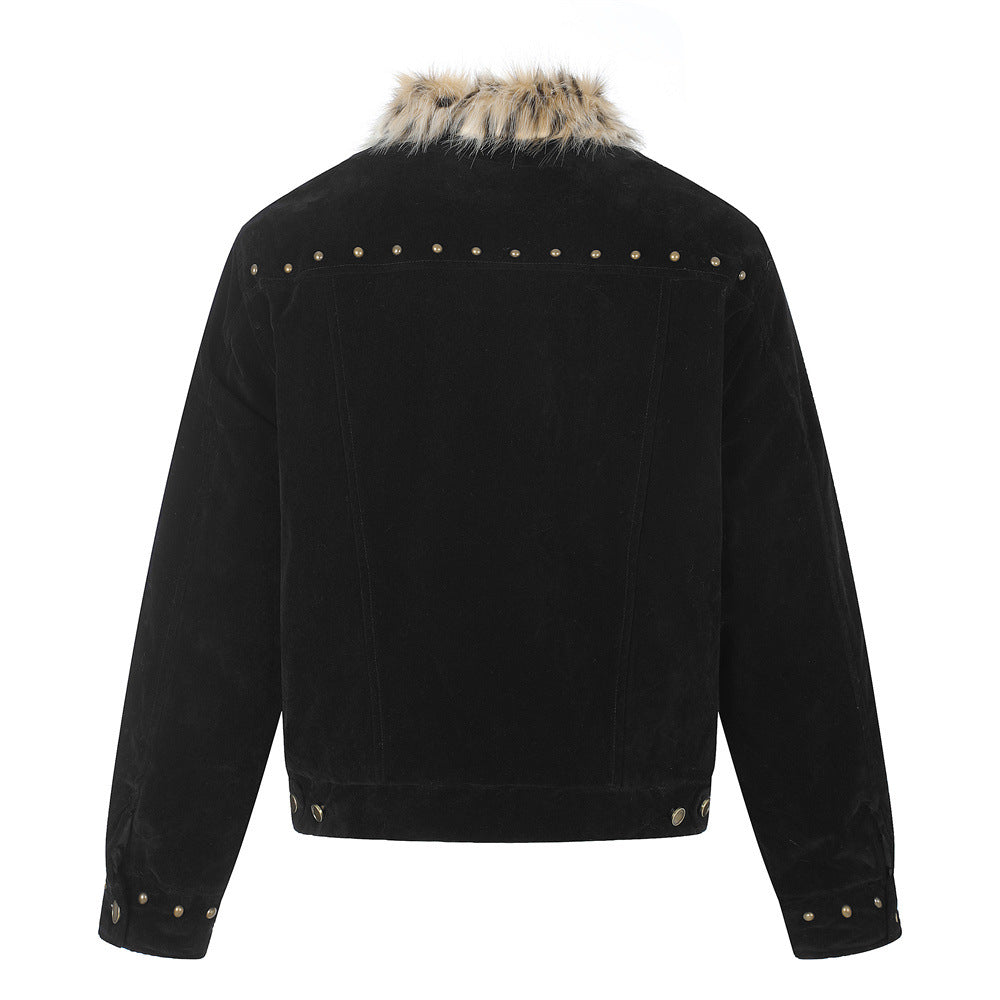 Men's Winter Jacket Faux Fur Collar Studded Snap-Button Coat