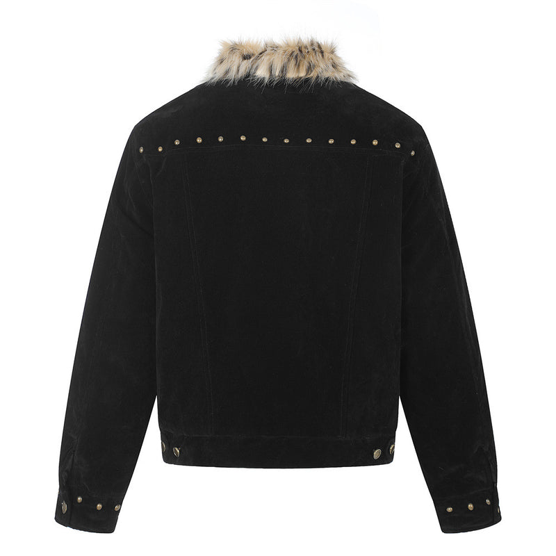 Men's Winter Jacket Faux Fur Collar Studded Snap-Button Coat