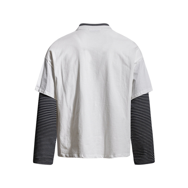 Glitch Mode Faux Two-Piece Long Sleeve Graphic Tee – Striped Layer Oversized Fit
