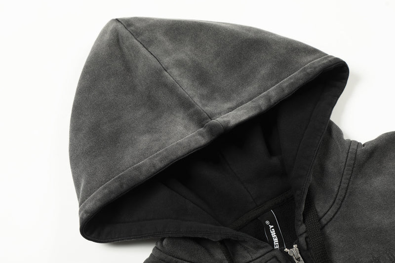 Zip-Hoodie Number 23 mit Karomuster-Applikqué und Stickerei – Gewaschener Streetwear-Look
