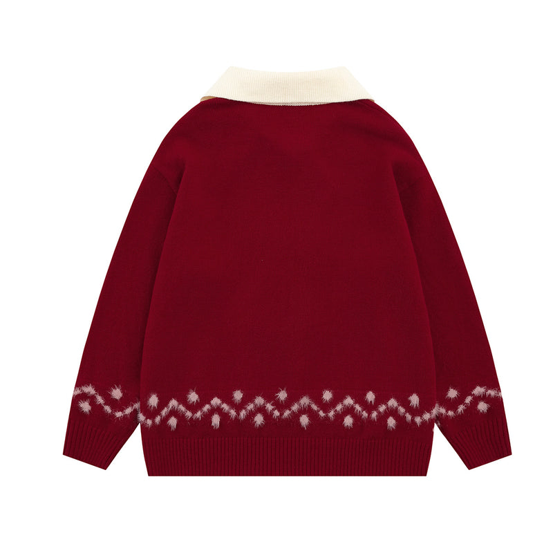 Cute Rabbit Jacquard Polo Collar Knit Sweater – Fluffy Bunny Graphic Pullover