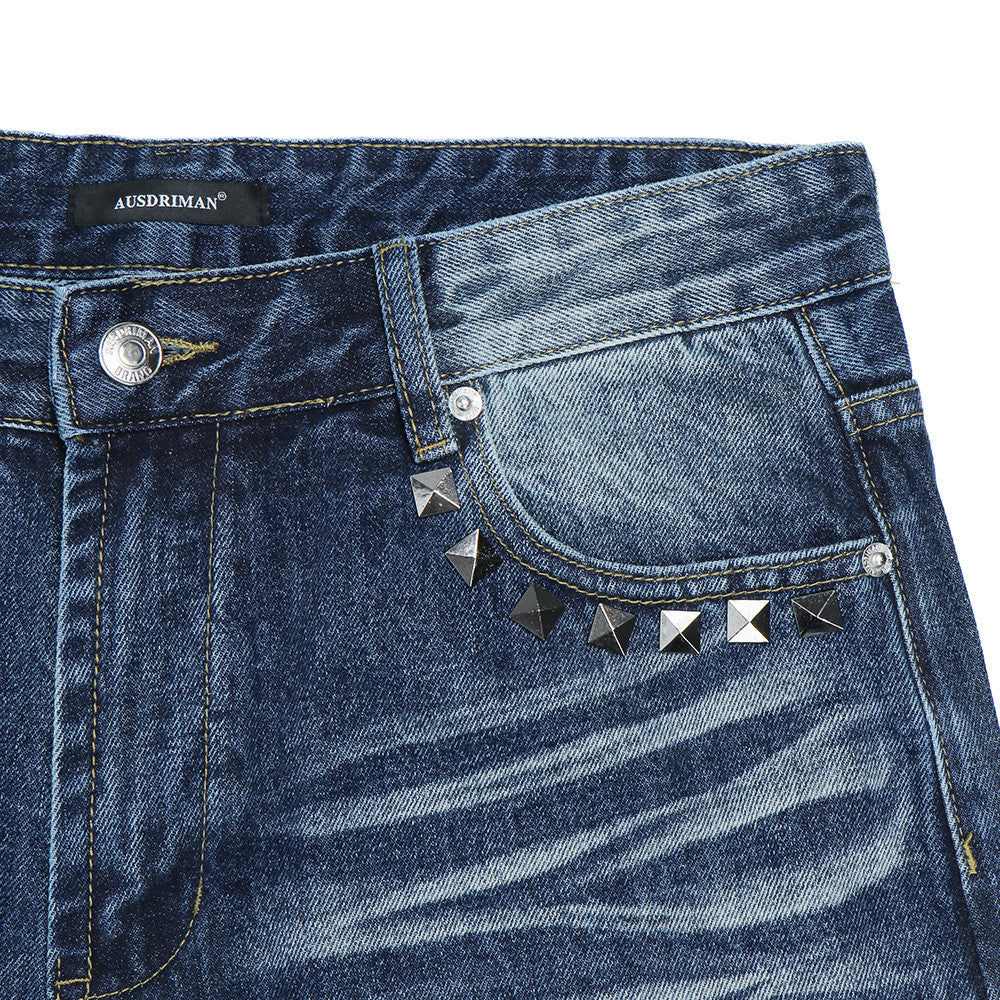 Men's Wide-Leg Jeans – Washed Dark Blue Denim with Stud Trim & Wavy Whisker