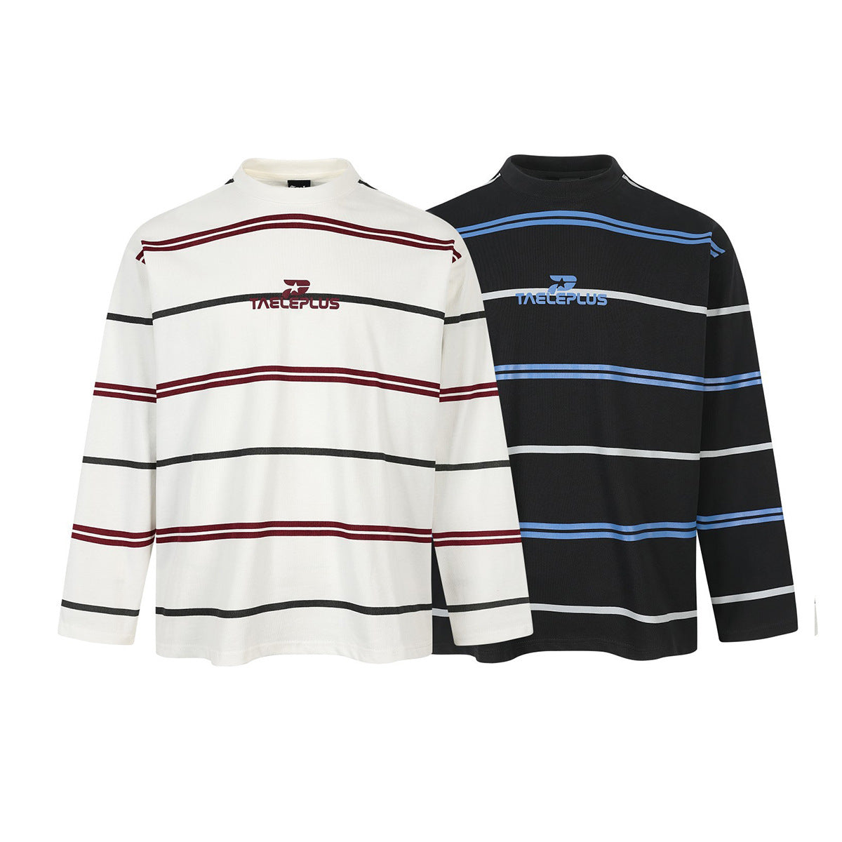 T-shirt oversize rayé à manches longues et col cheminée – Rouge et blanc / Noir et bleu