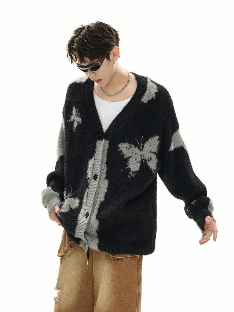 Gilet cardigan en maille jacquard papillon – Col V oversize, maille couple