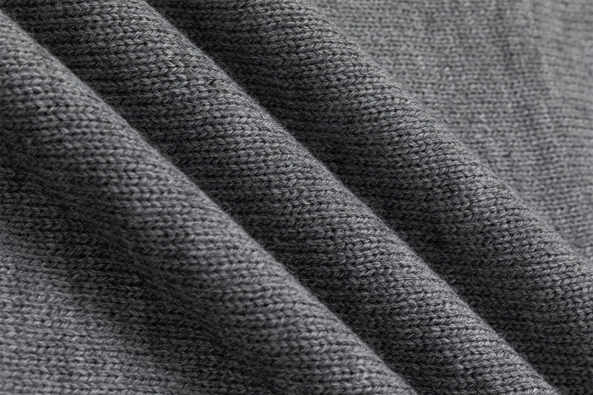 Distressed Graphic Knit Sweater – Raglan Ribbed Sleeve, Rock Print, Grey