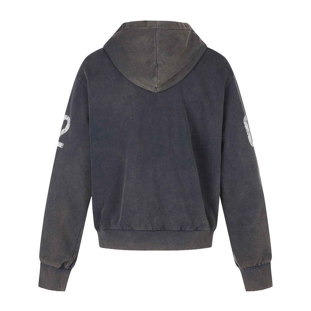 Back view of black washed hoodie with hood and ribbed hem